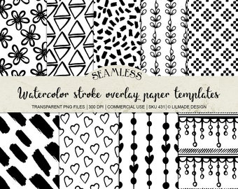 May include: A collection of black and white watercolor stroke overlay paper templates. The designs include floral, geometric, and abstract patterns. The text on the image reads "Watercolor stroke overlay paper templates".