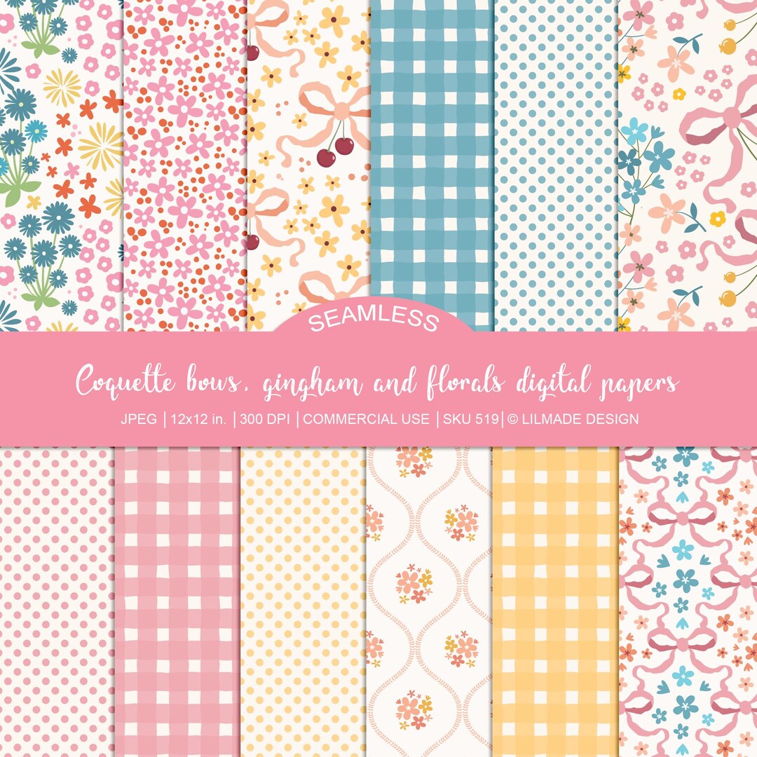 Coquette Bow Gingham Digital Paper, Seamless Floral Pattern (commercial ...