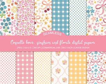 Coquette Bow Gingham Digital Paper, Seamless Floral Pattern (Commercial Use)