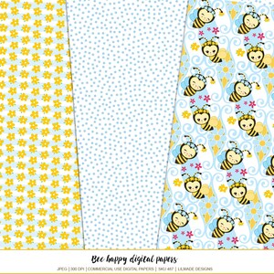 Puede incluir: Juego de papeles digitales con tres patrones diferentes. Uno presenta flores amarillas sobre un fondo a rayas azul claro. Otro tiene un dise&ntilde;o de lunares azul claro. El tercero muestra abejas de dibujos animados con acentos florales sobre un fondo azul claro y blanco. Texto: "Bee happy digital papers".