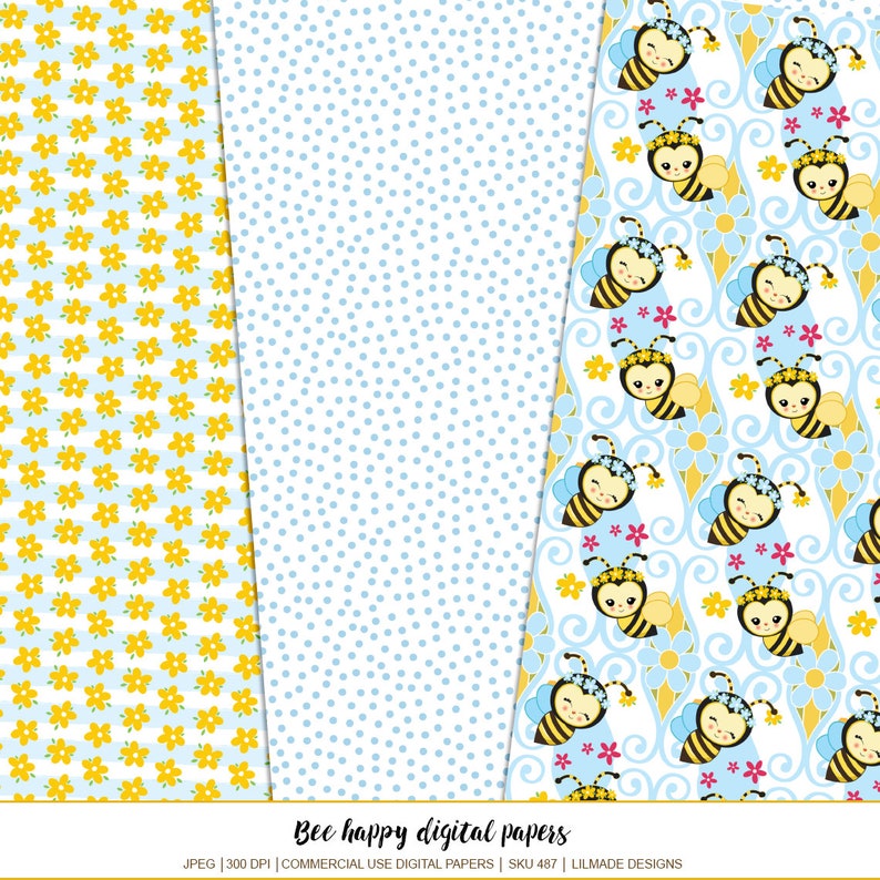 Puede incluir: Juego de papeles digitales con tres patrones diferentes. Uno presenta flores amarillas sobre un fondo a rayas azul claro. Otro tiene un dise&ntilde;o de lunares azul claro. El tercero muestra abejas de dibujos animados con acentos florales sobre un fondo azul claro y blanco. Texto: "Bee happy digital papers".