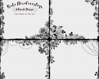 Boho Floral Overlay, Vintage Photo Frame Template (PNG, 12x12 inch)
