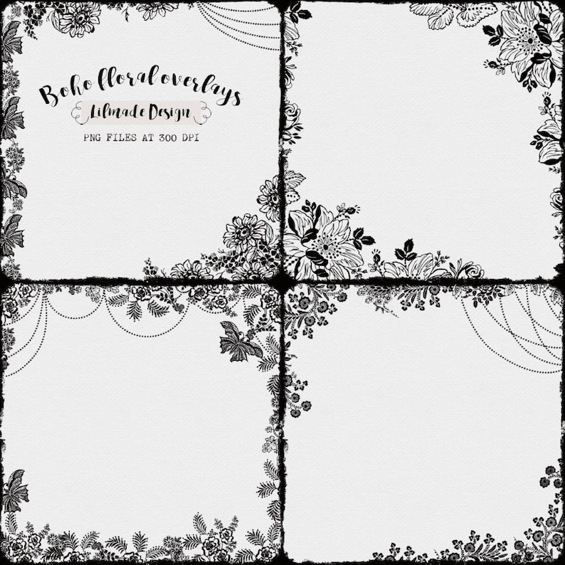 Boho Floral Overlay, Vintage Photo Frame Template (PNG, 12x12 inch) image 1