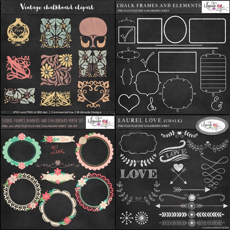 Chalkboard clipart, chalkboard frames, chalkboard floral clipart, vintage chalkboard clipart, chalkboard texture, clipart bundle, P201 image 1