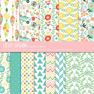 Papel digital de primavera, papel para álbum de recortes de primavera, papel digital, papeles digitales estampados, patrones de primavera, fiesta de primavera DIY, P412
