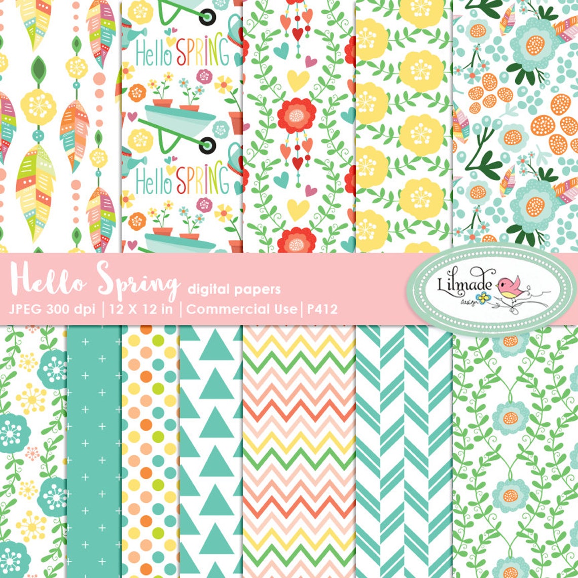 Spring Digital Paper, Spring Scrapbook Paper, Digital Paper, Patterned ...