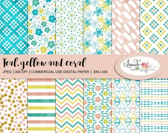 Teal yellow and coral digital papers featuring floral and geometric patterns, planner digital paper, commercial use paper, P439