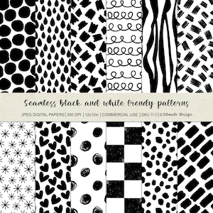 May include: Set of 8 black and white seamless patterns. The patterns include polka dots, hearts, stars, wavy lines, brush strokes, and a checkered pattern. Each pattern is 12 inches by 12 inches and 300 DPI.