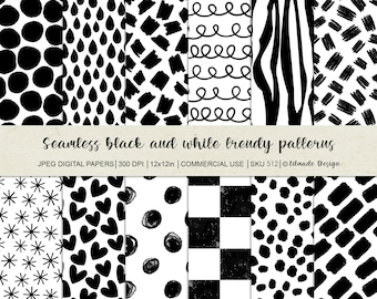 Black and White Seamless Digital Paper, Hand-Drawn Patterns (JPEG, 12x12)