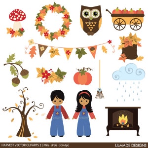 May include: A collection of autumn-themed vector clip art. Includes a mushroom, wreath, owl, cart of apples, garland, acorns, leaves, pumpkin, broom, children in overalls, a tree, a fireplace, and a cloud with rain.