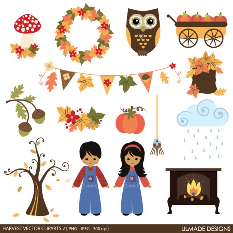 May include: A collection of autumn-themed vector clip art. Includes a mushroom, wreath, owl, cart of apples, garland, acorns, leaves, pumpkin, broom, children in overalls, a tree, a fireplace, and a cloud with rain.