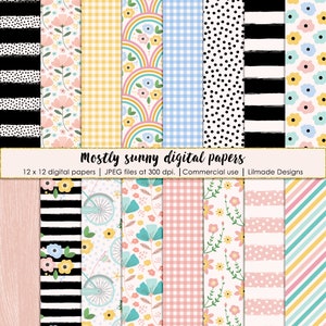 Pode incluir: Um conjunto de 12 papéis digitais com vários padrões, incluindo listras, bolinhas, xadrez, desenhos florais e um padrão de bicicleta. Os papéis estão em uma paleta de cores pastel com tons de rosa, azul, amarelo e verde.