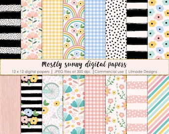 Modern floral digital paper, black and white stripe, rainbow pattern, gingham paper, bike paper, planner paper, commercial paper, P486