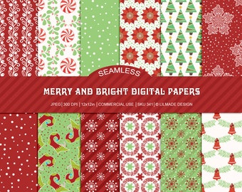 Seamless Christmas digital paper,merry and bright,elf boot,winter paper,holiday scrapbook, holly berry, snowflake, seamless patterns  341