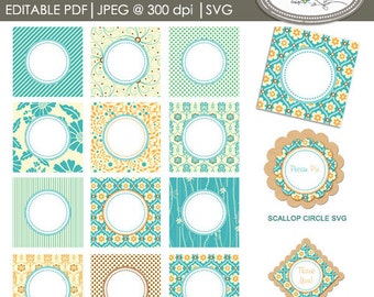 Floral cupcake toppers, editable PDF cupcake toppers, Svg scallop circle, Svg scallop square, party printables, Pr77