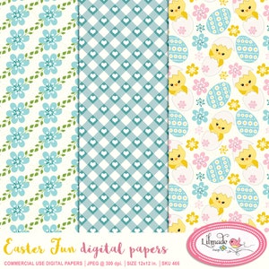 May include: Three digital paper designs featuring Easter themes. The first design has a light blue floral pattern on a white background. The second design has a blue and white gingham pattern with white hearts. The third design has a yellow chick hatching from an egg with blue and pink eggs and flowers on a white background.