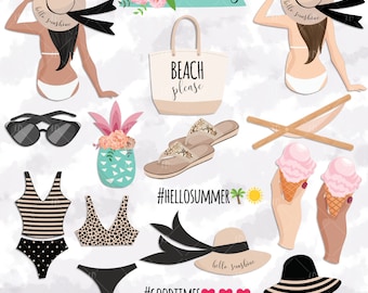 Summer clipart, beach please, summer fashion clipart, fashion girl, beach clipart, beach tote, fashion illustration, commercial use, P490