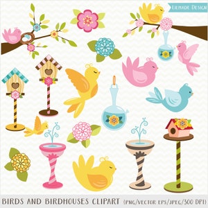 Clipart de pássaro fofo. Casa de passarinho, clipart vetorial de pássaros, clipart floral, alimentador de pássaros, pássaro no galho, ninho de pássaro, fonte de banho de nascimento, primavera, P140