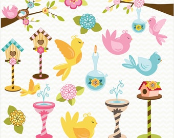 Cute Bird Clipart, Birdhouse, Floral Vector (PNG, EPS, JPEG)