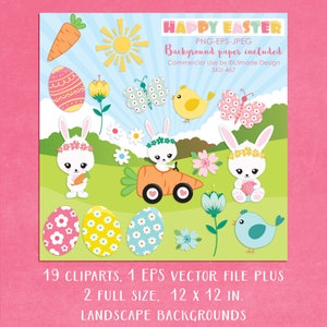 May include: A digital illustration with a spring theme. It features Easter bunnies, eggs, flowers, a carrot car, a sun, and a chick. The text "HAPPY EASTER" is at the top. The image includes the text "19 CLIPARTS, 1 EPS VECTOR FILE PLUS 2 FULL SIZE, 12 x 12 IN. LANDSCAPE BACKGROUNDS."