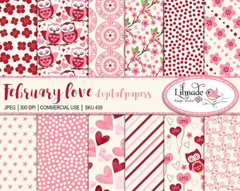 Valentine's Day digital paper, hand drawn patterns,Valentine scrapbook paper, cute Valentine owls, Valentine watercolor heart, P459