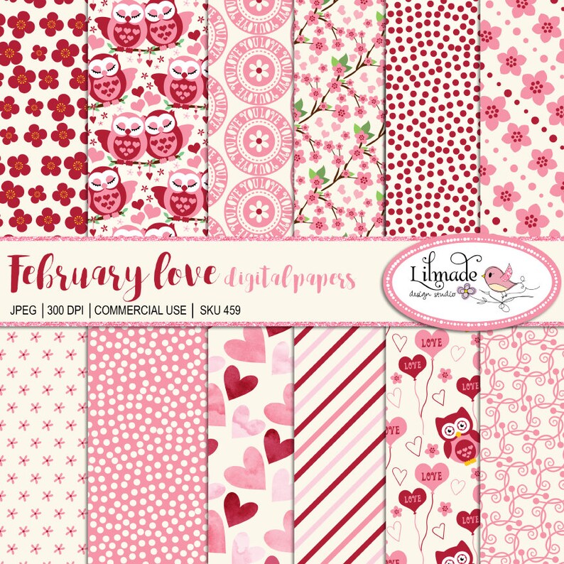 K&ouml;nnte beinhalten: Ein Set mit 12 digitalen Papieren mit verschiedenen Valentinstag-Motiven. Die Papiere enthalten Muster mit Herzen, Eulen, Blumen, Punkten und Streifen in Rosa- und Rott&ouml;nen.