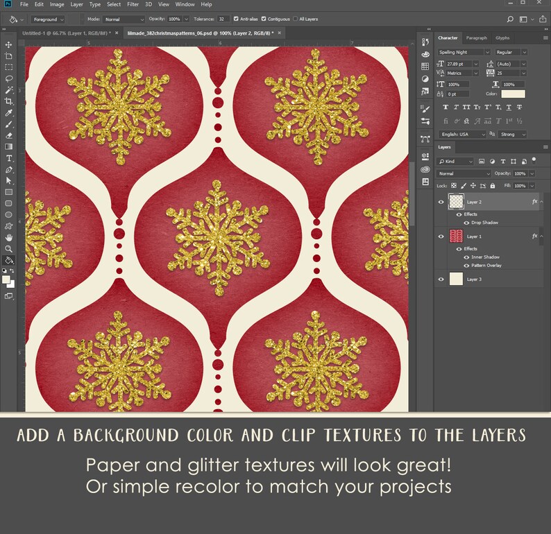 May include: Digital pattern featuring a repeating design of red, cream, and gold Christmas ornaments. Each ornament has a gold glitter snowflake. The text at the bottom says, "ADD A BACKGROUND COLOR AND CLIP TEXTURES TO THE LAYERS".