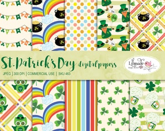 St Patrick's Day digital paper, St Patrick's day scrapbook paper, patterns, shamrock, rainbow clipart, leprechaun, clover,lucky, P463