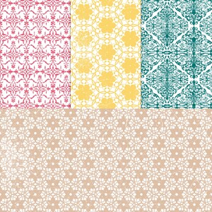 May include: Four different seamless patterns with a vintage aesthetic. The patterns are in shades of pink, yellow, teal, and brown.