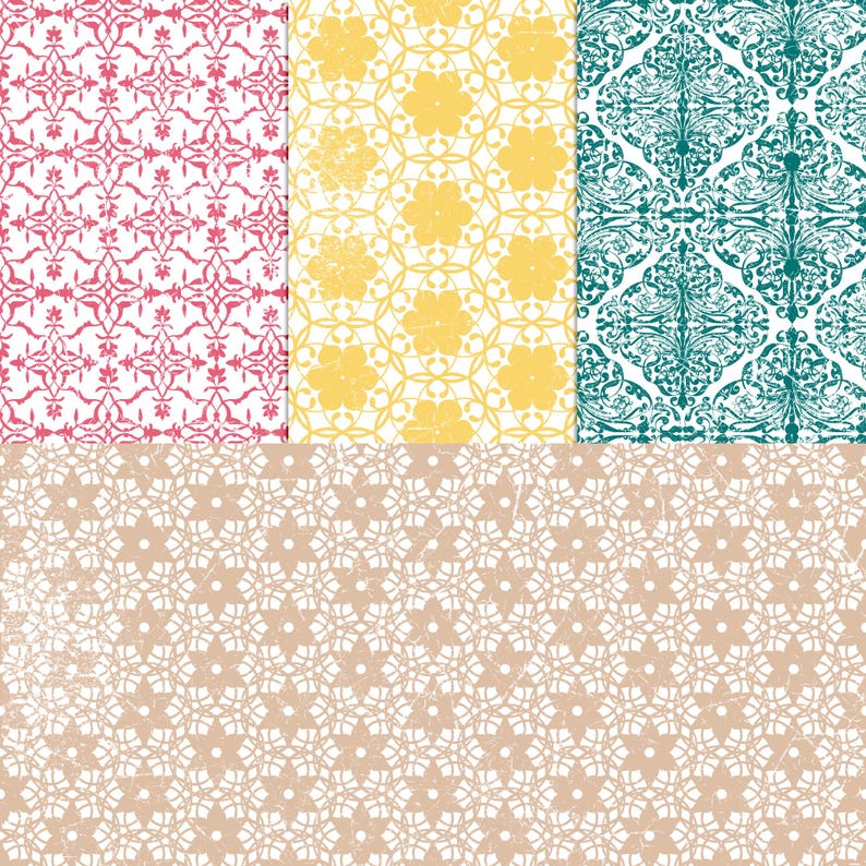 May include: Four different seamless patterns with a vintage aesthetic. The patterns are in shades of pink, yellow, teal, and brown.