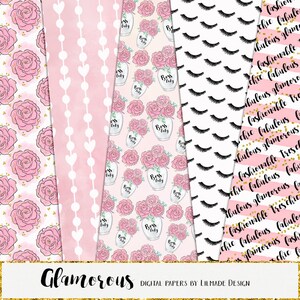 May include: Four digital paper designs featuring pink and white patterns. The first design features pink roses with gold glitter accents on a white background. The second design features a pink background with white hearts and white dots. The third design features pink roses and jars with the text "Boss Lady" on a pink background. The fourth design features black eyelashes on a white background.