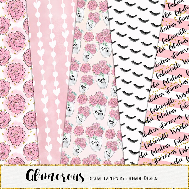May include: Four digital paper designs featuring pink and white patterns. The first design features pink roses with gold glitter accents on a white background. The second design features a pink background with white hearts and white dots. The third design features pink roses and jars with the text "Boss Lady" on a pink background. The fourth design features black eyelashes on a white background.