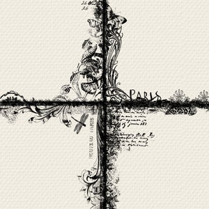 May include: Black and white vintage style design with floral and butterfly motifs. The design is in the shape of a cross with the word "PARIS" at the top. The text "NOUVEAU PARIS" is visible on the left side of the design.