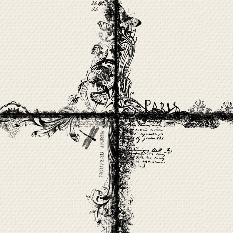 May include: Black and white vintage style design with floral and butterfly motifs. The design is in the shape of a cross with the word "PARIS" at the top. The text "NOUVEAU PARIS" is visible on the left side of the design.