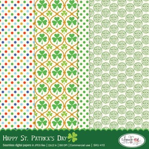May include: Three digital paper designs featuring shamrock patterns. The first design is a green, white, and gold shamrock pattern. The second design is a green shamrock pattern on a white background. The third design is a green, white, and gold shamrock pattern with a polka dot background.