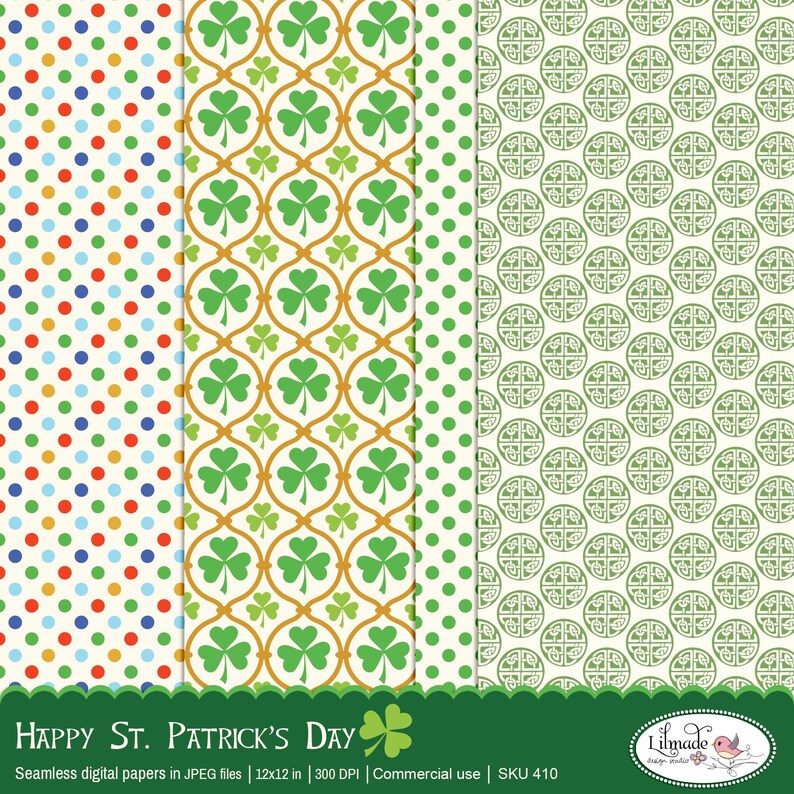 May include: Three digital paper designs featuring shamrock patterns. The first design is a green, white, and gold shamrock pattern. The second design is a green shamrock pattern on a white background. The third design is a green, white, and gold shamrock pattern with a polka dot background.