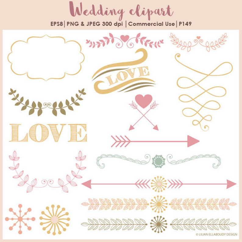 Wedding clipart, laurel clipart, heart and arrow clipart, separator clipart, love clipart, frame clipart, P149 image 1