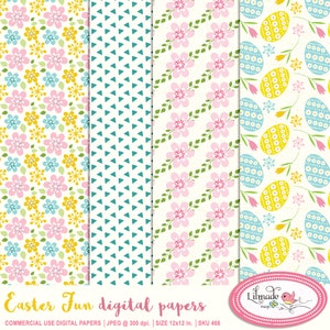 May include: Four digital paper designs featuring Easter themes. The first design has pink, blue, and yellow flowers on a white background. The second design has teal triangles on a white background. The third design has pink flowers and green leaves on a white background. The fourth design has blue and yellow eggs with white polka dots on a white background.