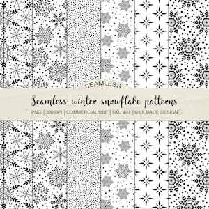 Könnte beinhalten: Satz von sechs schwarzen und weißen nahtlosen digitalen Papiermustern mit Schneeflocken, Sternen und Punkten. PNG | 300 DPI | KOMMERZIELLE NUTZUNG | SKU 497 | © LILMADE DESIGN