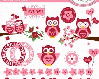 Valentinstag Eulen Clipart, Kirschblüte PNG (kommerzielle Nutzung)