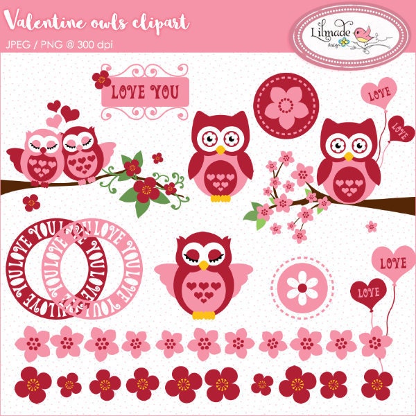 Valentine's Day clipart, owls on a branch clipart, cherry blossom clipart, I love you clipart, Valentine PNG, commercial clipart P103