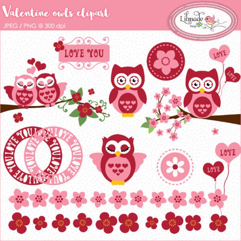 May include: A set of Valentine's Day clipart featuring pink and red owls with hearts, flowers, and the text "LOVE YOU".