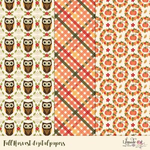 Puede incluir: Tres dise&ntilde;os de papel digital con temas de cosecha de oto&ntilde;o. El primer dise&ntilde;o tiene un patr&oacute;n de b&uacute;hos marrones con flores rojas y hojas verdes sobre un fondo crema. El segundo dise&ntilde;o tiene un patr&oacute;n de cuadros con rayas naranjas, rojas y verdes sobre un fondo crema. El tercer dise&ntilde;o tiene un patr&oacute;n de calabazas naranjas con flores rojas y hojas verdes sobre un fondo crema. El texto "Fall Harvest digital papers" est&aacute; en la parte inferior de la imagen.