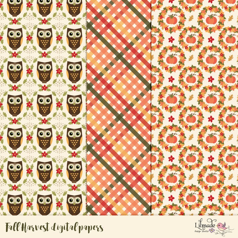 Puede incluir: Tres dise&ntilde;os de papel digital con temas de cosecha de oto&ntilde;o. El primer dise&ntilde;o tiene un patr&oacute;n de b&uacute;hos marrones con flores rojas y hojas verdes sobre un fondo crema. El segundo dise&ntilde;o tiene un patr&oacute;n de cuadros con rayas naranjas, rojas y verdes sobre un fondo crema. El tercer dise&ntilde;o tiene un patr&oacute;n de calabazas naranjas con flores rojas y hojas verdes sobre un fondo crema. El texto "Fall Harvest digital papers" est&aacute; en la parte inferior de la imagen.