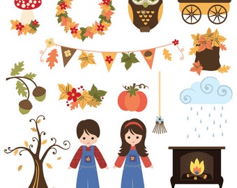 Autumn Harvest Clipart Set, Pumpkin Cart, Wreath (PNG, JPEG)