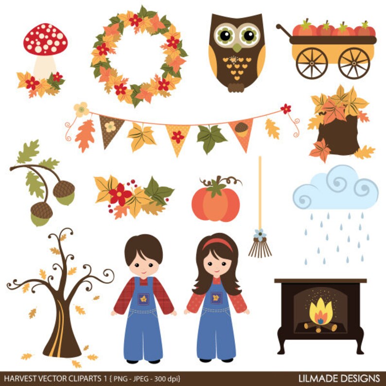 May include: A set of autumn-themed clip art illustrations featuring a wreath, owl, pumpkin, tree, children, fireplace, and more.  The illustrations are in a cartoon style and are perfect for fall crafts and projects.