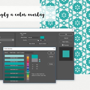 May include: A screenshot of a computer screen showing a Photoshop layer style dialog box. The dialog box is open to the "Color Overlay" section. The color overlay is set to "Normal" blend mode and 100% opacity. The color is a teal blue. The color picker is open and shows a selection of teal blue colors from the PANTONE+ Solid Coated color library.