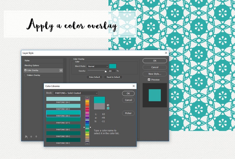 May include: A screenshot of a computer screen showing a Photoshop layer style dialog box. The dialog box is open to the "Color Overlay" section. The color overlay is set to "Normal" blend mode and 100% opacity. The color is a teal blue. The color picker is open and shows a selection of teal blue colors from the PANTONE+ Solid Coated color library.