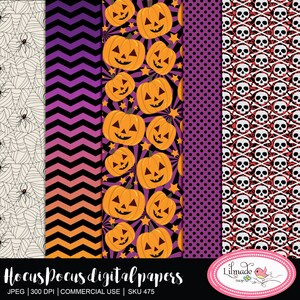 May include: Four digital paper designs featuring Halloween themes. The first design is a white spider web pattern on a cream background. The second design is a purple and orange chevron pattern. The third design is a purple background with orange jack-o-lantern faces and yellow stars. The fourth design is a red and white skull and crossbones pattern.