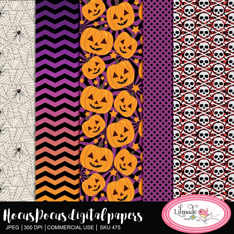 May include: Four digital paper designs featuring Halloween themes. The first design is a white spider web pattern on a cream background. The second design is a purple and orange chevron pattern. The third design is a purple background with orange jack-o-lantern faces and yellow stars. The fourth design is a red and white skull and crossbones pattern.